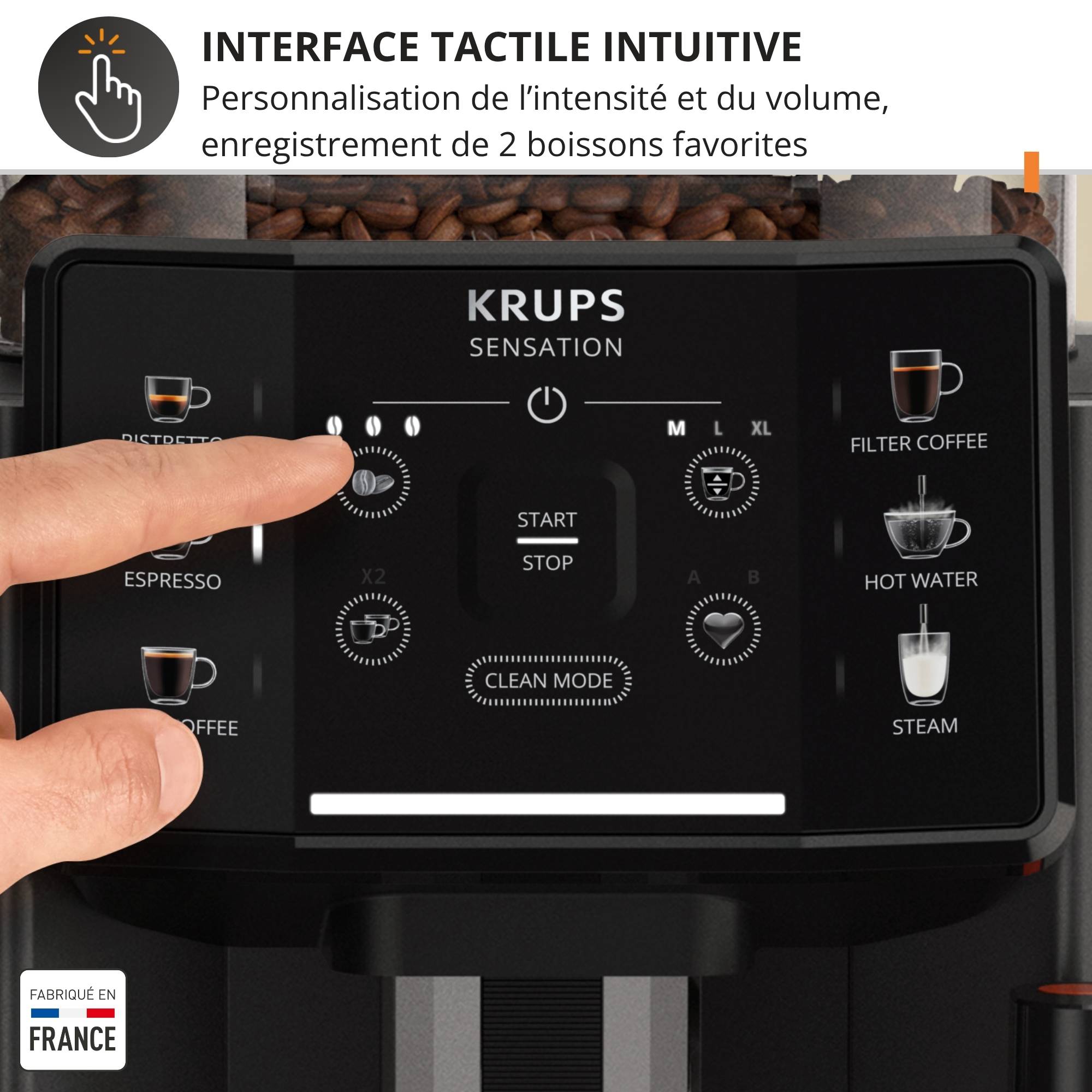 Sensation, Krups, Machine à café à grains, 4 recettes café, Interface tactile